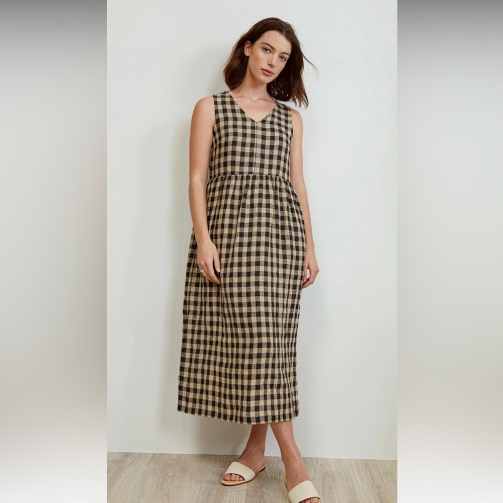 Pyne & Smith Sleeveless Linen Midi Dress, XS, Montmartre check